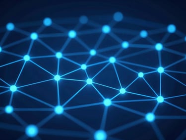 Abstract digital network visualization with glowing lines and nodes, representing interconnected gaming and tech communities, deep blue and cyan tones.