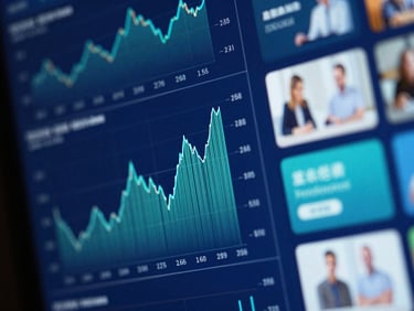 Macro shot of a screen displaying financial graphs and educational content, subtle blue and green digital patterns, crisp focus.