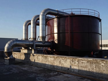 Wide shot of an industrial rooftop with metal ducts and a large water reservoir, low sun, dramatic shadows, industrial engineering photography.