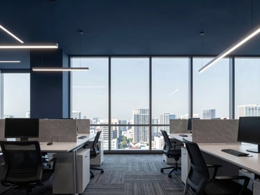 Modern office interior with clean lines, minimalist furniture, and large windows revealing a cityscape, sharp lighting.