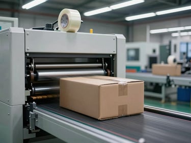 Industrial case sealing machine on a production line, cardboard box passing under pressure rollers and tape head, overhead factory lighting, conveyor belt in motion blur