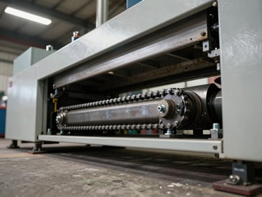 Low-angle shot of a shrink tunnel machine frame, showing the undercarriage, conveyor drive chain and adjustment bolts in sharp focus, factory floor concrete visible below, overhead fluorescent lighting casting hard shadows on steel structure