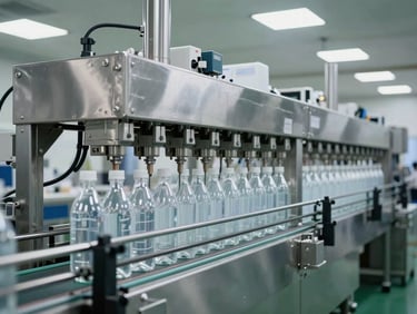 Wide environmental shot of a linear flow filling machine in a production line, stainless steel frame with multiple filling heads above a conveyor belt carrying clear bottles, bright overhead factory lighting, clean industrial setting, no people