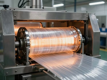 Shrink wrapping tunnel machine in a food factory, product moving through heat shrink film chamber, visible heating element glow inside tunnel, stainless steel frame under factory lighting