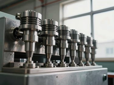Close-up low-angle shot of a rotary piston filling machine, stainless steel body with precision-machined nozzle heads aligned in a row, natural daylight from high factory windows catching metal surfaces, no people