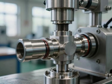 Macro close-up of a pouch filling machine's spout and valve assembly, stainless steel surface with machined threads and sealing ring visible, factory daylight from high windows, depth of field on mechanical precision