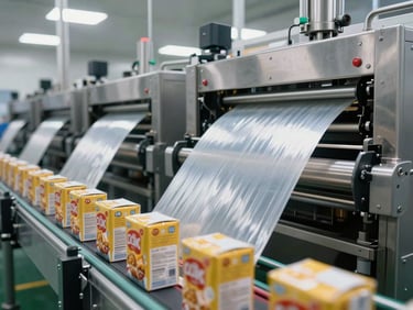Wide angle of a packaging and wrapping machine line in a food factory, shrink-wrap film being fed through rollers, stainless steel frame, bright overhead lighting, product cartons moving along conveyor in the foreground