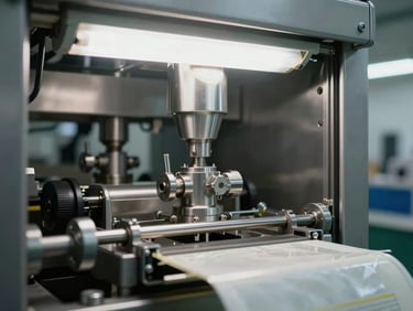 Close-up of an industrial pouch filling machine, stainless steel spout and pouch clamp mechanism in sharp focus, factory fluorescent lighting, mechanical detail visible on valve assembly