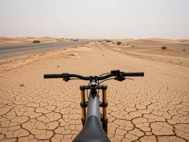 On-bike seat-mount perspective across the Cholistan desert, cracked ochre hardpan surface in the foreground, road barely visible as a faint track bisecting the frame, overcast diffused light flattening the dunes at the horizon