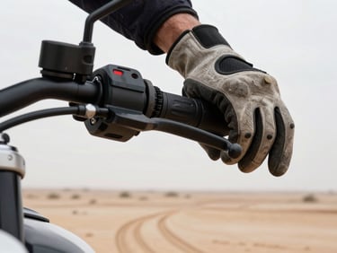 Extreme close-up of a motorcycle throttle hand in worn gloves, Cholistan desert hardpan stretching to a flat horizon behind, overcast white sky, tyre tracks in pale dust visible at the bottom of the frame