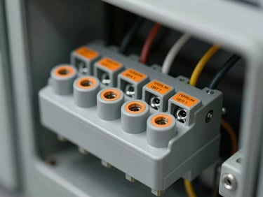 Close-up of clean wiring terminals inside an industrial control panel, matte grey plastics, sharp orange wire labels, high contrast lighting.