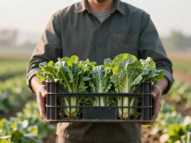 Medium-wide environmental shot of a farmer holding a crate of greens, agency photographer framing the shot in the background, soft morning light.