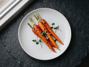 Overhead flat lay of a minimalist ceramic plate featuring roasted heirloom carrots and microgreens on a dark slate background, soft window light, 35mm lens