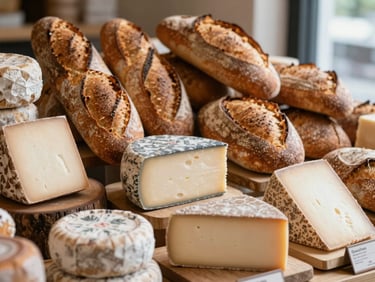 A beautifully curated specialty market display of artisanal cheese and fresh sourdough bread, soft natural light, 35mm lens