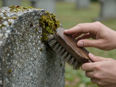 Respectful close-up of hands gently brushing moss off an old granite headstone with a soft brush, natural diffused daylight, no tools visible.