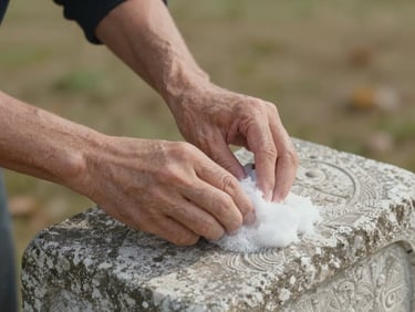 Gros plan sur des mains d'artisan brossant délicatement de la mousse sur une stèle ancienne en pierre de Courville, sans outils mécaniques, lumière naturelle douce d'un après-midi d'automne.