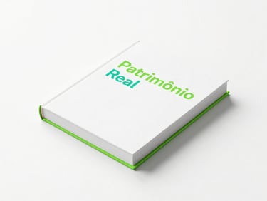 Bright high-key studio photography of the Patrimônio Real book mockup on a clean white surface with subtle green shadows