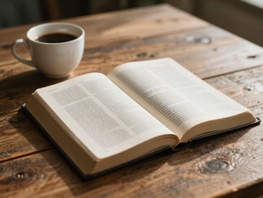 A quiet moment of personal study, an open Bible on a rustic wooden table next to a warm cup of coffee, soft morning light, shallow depth of field.