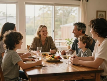 A family sharing a genuine laugh around a warm dining table, unposed and natural interaction, soft indoor daylight, rich earthy tones.