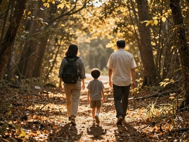 Parents and children walking together through a sunlit forest trail, backs to the camera, warm golden-hour light filtering through trees.