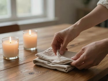 Cinematic close-up of hands arranging delicate linen napkins next to hand-poured candles on a wooden table, diffused natural window light, warm sand palette.