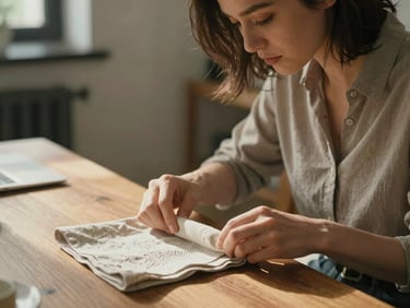 Soft portrait of a female creative director adjusting a delicate linen napkin on a wooden table, warm natural side light, editorial depth.
