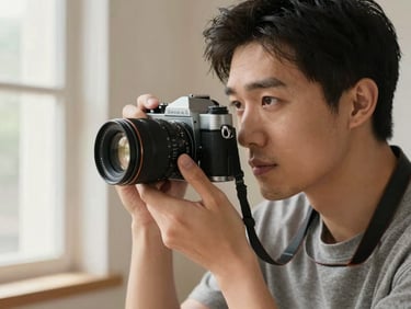 Soft portrait of a male photographer holding a vintage camera, looking thoughtfully past the frame, warm window light, clean minimalist background.