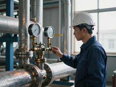 Industrial engineer wearing safety helmet inspecting pressure gauges on a steel pipeline, natural factory window light, cool steel tones