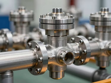 Macro shot of high-precision industrial control valves and steel pipes, crisp industrial lighting with amber highlights, 50mm lens