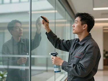 A professional cleaner in a dark charcoal uniform meticulously inspecting a clean glass partition, sharp focus, architectural lines