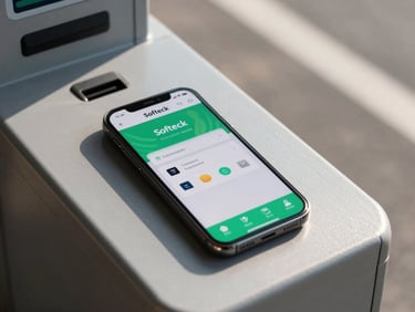 Wide shot of a Softeck mobile payment app screen on a smartphone placed next to a ticket validator unit in a parking facility, daylight, high contrast, true color, no hands or people