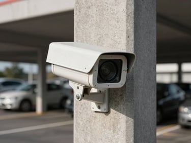 Security camera mounted on a concrete column in an outdoor parking lot, direct daylight, high contrast, true color, wide-angle lens housing visible, weatherproof casing detail, no people