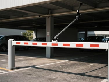 Vehicular barrier arm installed at a parking facility entrance, mid-lift position, direct daylight, high contrast, industrial setting, no people, true color