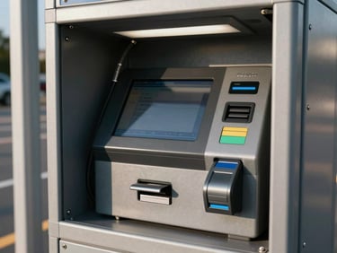Payment kiosk terminal installed at a parking booth, direct daylight, high contrast, touchscreen and card reader visible, metal enclosure showing build quality and cable management, no people