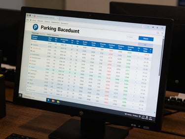 Overhead screenshot of a parking management software dashboard showing real-time transaction data, subscriber lists, and revenue reports on a monitor in a control room, direct artificial light, true color, no people