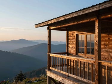 A cozy wooden cabin porch overlooking misty blue mountains at sunrise, warm natural light, rich cinematic tones