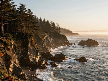 Misty coastal cliffs with towering redwood forests meeting the Pacific Ocean, soft morning light, authentic atmosphere