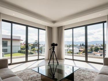 Wide-angle bright architectural photography of a modern luxury living room in Ambato, natural sunlight streaming through large windows, professional camera on a tripod visible in the reflection of a glass table, editorial real estate style