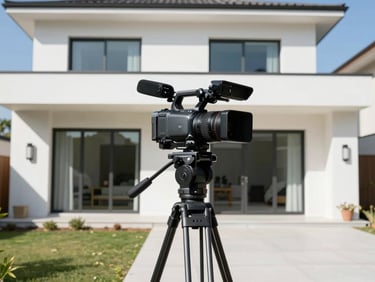 A professional video camera setup on a tripod filming a beautiful modern house exterior, bright sunny day, production behind-the-scenes.