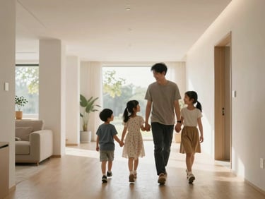 A family walking through a bright, spacious modern house interior, soft focus, warm natural lighting, joyful atmosphere.