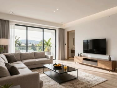 Bright modern living room in Ficoa, Ambato, warm natural light, clean lines, interior design editorial style.