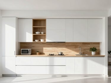 Modern kitchen with white cabinets and natural wood accents, bright morning sunlight, clean minimalist design.