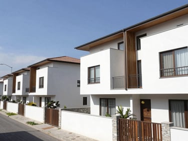 Panoramic view of a modern residential neighborhood in Ambato, bright daylight, clear sky, clean architectural details.