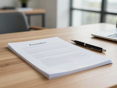 Close-up of legal documents and a pen on a clean wooden desk, soft natural light, professional office setting in Ecuador.