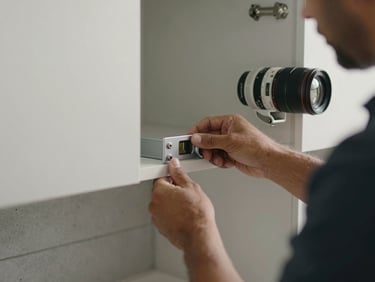 Close-up of a crew member's hands installing kitchen cabinet hardware, natural job-site daylight, concrete countertop edge visible, documentary framing