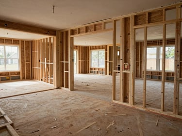 Wide environmental shot of a whole-home renovation in progress, multiple rooms open simultaneously, exposed framing and new subfloor, natural daylight through window openings, no workers in frame