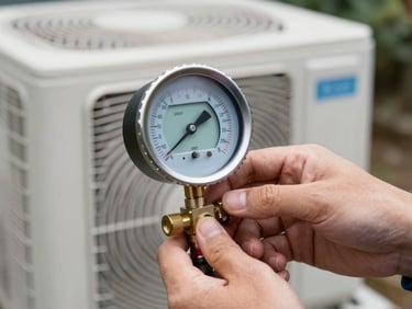 Macro close-up of a technician's hand adjusting a digital manifold gauge connected to a pristine outdoor AC unit, crisp daylight, sharp focus on the digital screen readings.