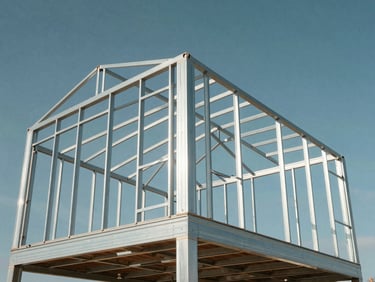 Low-angle architectural elevation of a steel framing house skeleton under bright daylight, showing precise metallic profiles and geometric shadows.
