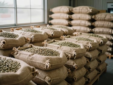 Clean warehouse interior with neatly stacked jute sacks of Java Robusta green coffee beans, professional logistics setup