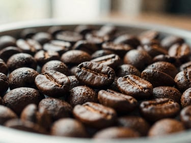 Macro close-up of dark green Sumatra Gayo unroasted coffee beans, rich earthy tones, professional grading setup